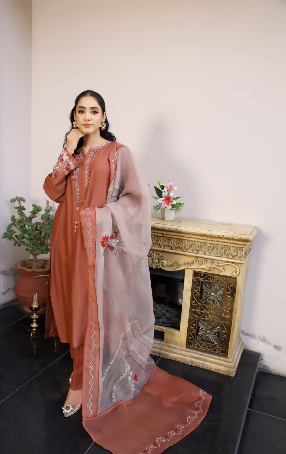 3 piece Orange Elegance: Embroidered Cotton Net Shirt with this dupata is on pure organza with four side embroidery with patch work motives - Image 2