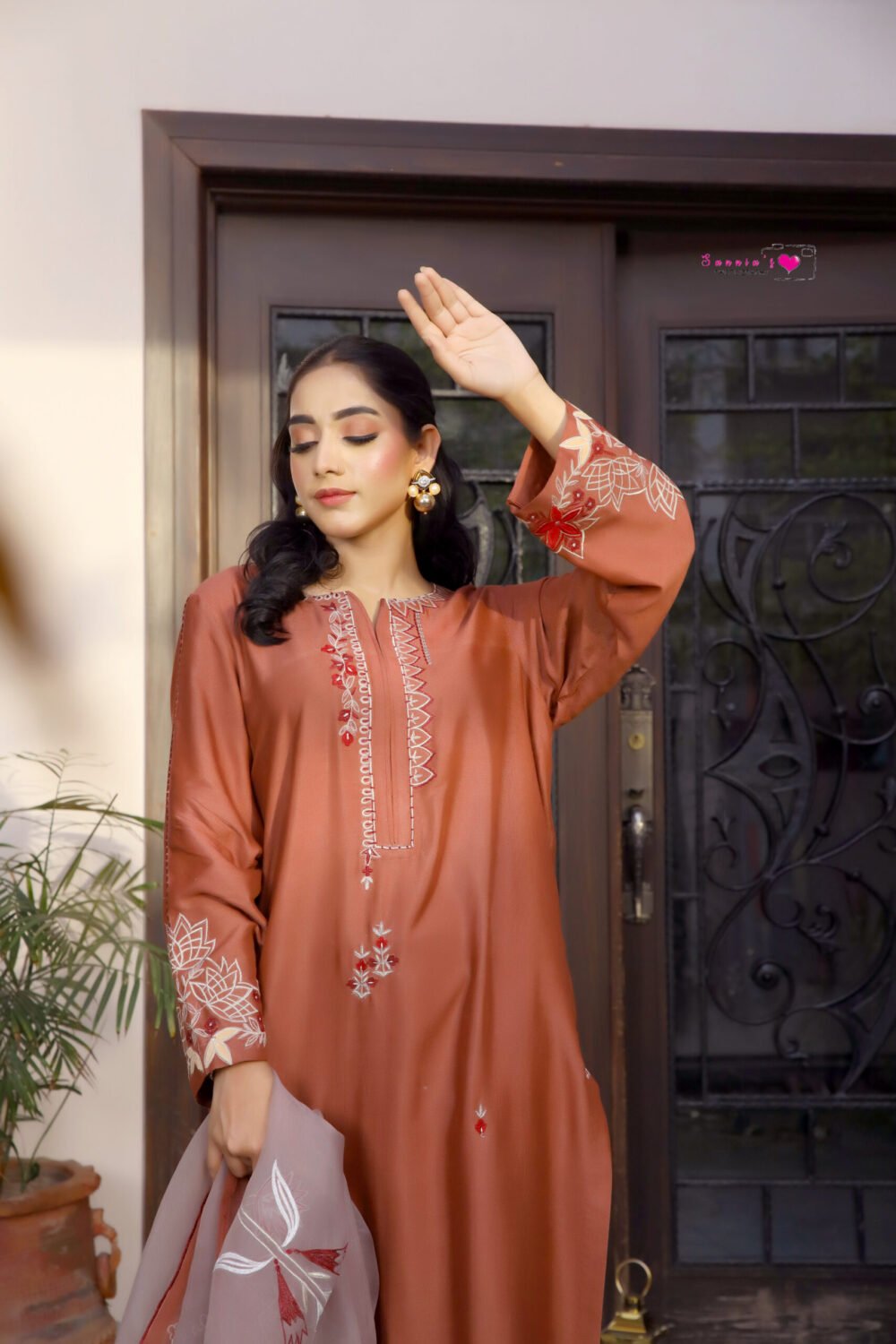 3 piece Orange Elegance: Embroidered Cotton Net Shirt with this dupata is on pure organza with four side embroidery with patch work motives - Image 3