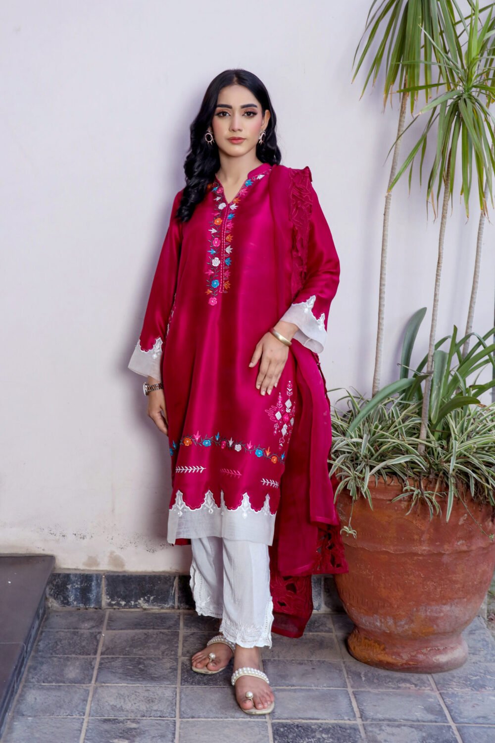 1 piece Red Splendor: Embroidered Raw Silk Shirt with Organza Border and Seprately Added Cutwork Dupatta - Image 3