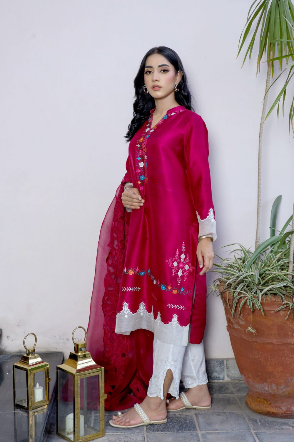 1 piece Red Splendor: Embroidered Raw Silk Shirt with Organza Border and Seprately Added Cutwork Dupatta - Image 2