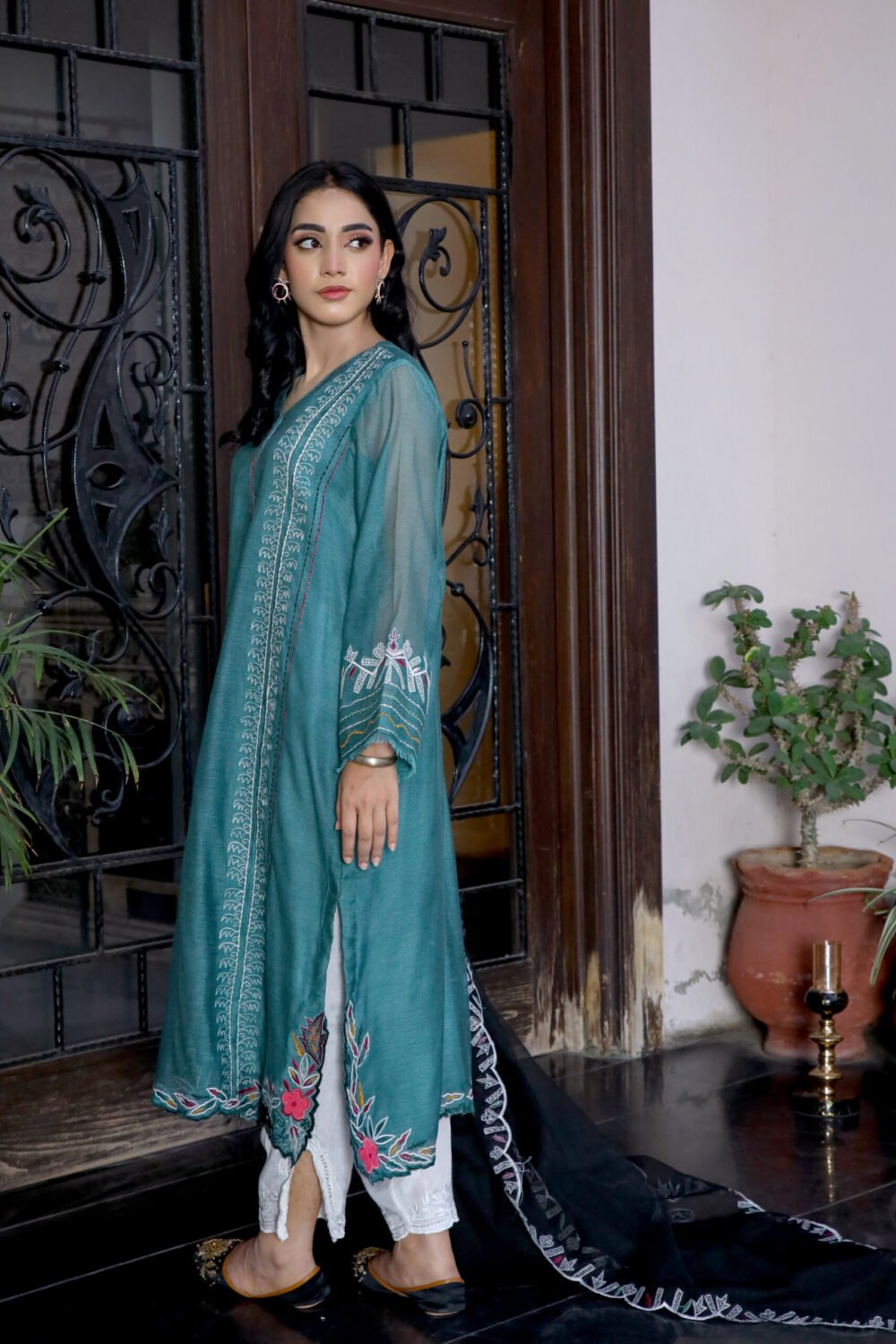 2 piece Light Blue Sophistication: Embroidered Cotton Net Shirt with Contrasting Dupatta and Raw Silk Trouser - Image 3