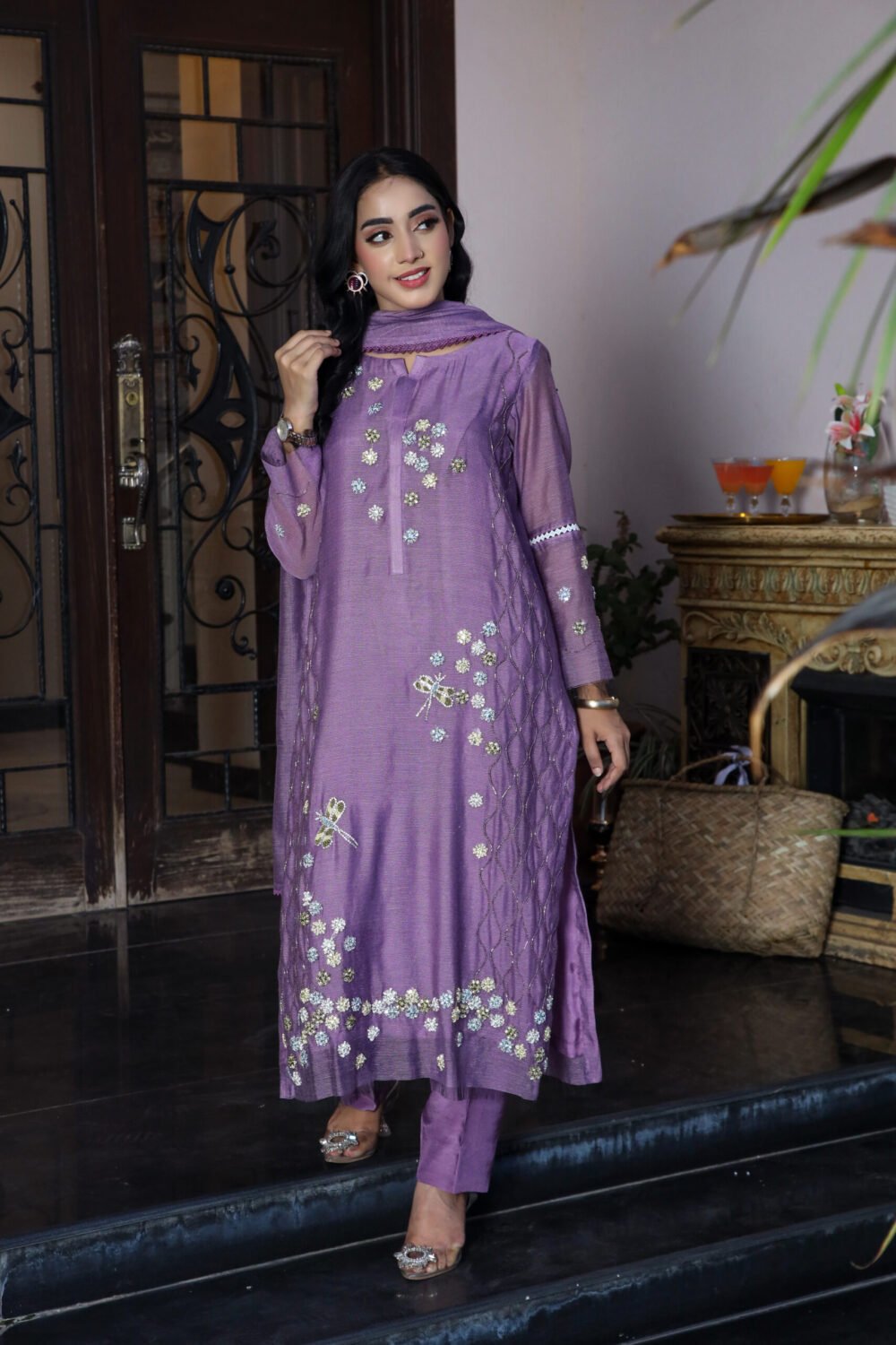 3 piece Elegant Handcrafted Purple Cotton Net Ensemble with Raw Silk Trousers - Image 3