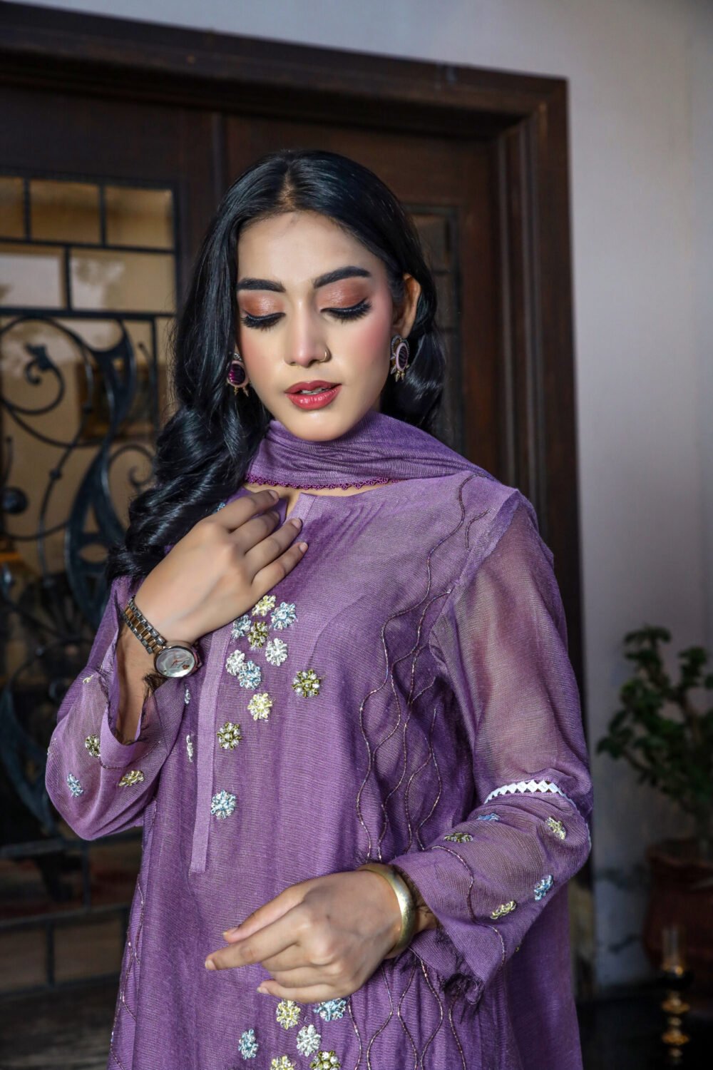 3 piece Elegant Handcrafted Purple Cotton Net Ensemble with Raw Silk Trousers - Image 2