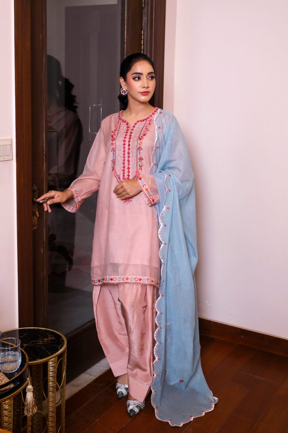 3 piece Light Pink Elegance: Embroidered Cotton Net Shirt with Lace Trim, Embroidered Dupatta, and Raw Silk Shalwar - Image 2