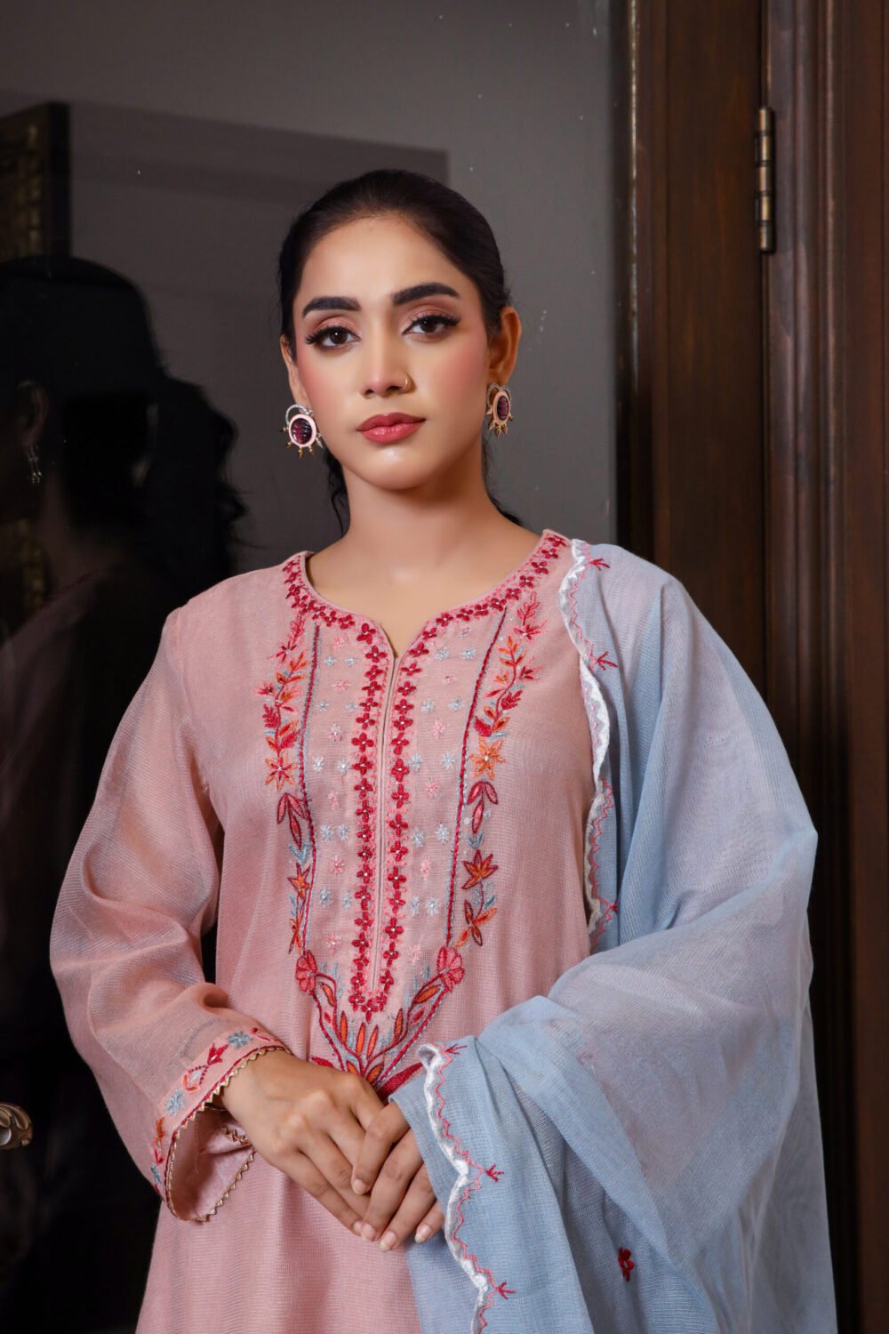 3 piece Light Pink Elegance: Embroidered Cotton Net Shirt with Lace Trim, Embroidered Dupatta, and Raw Silk Shalwar - Image 3