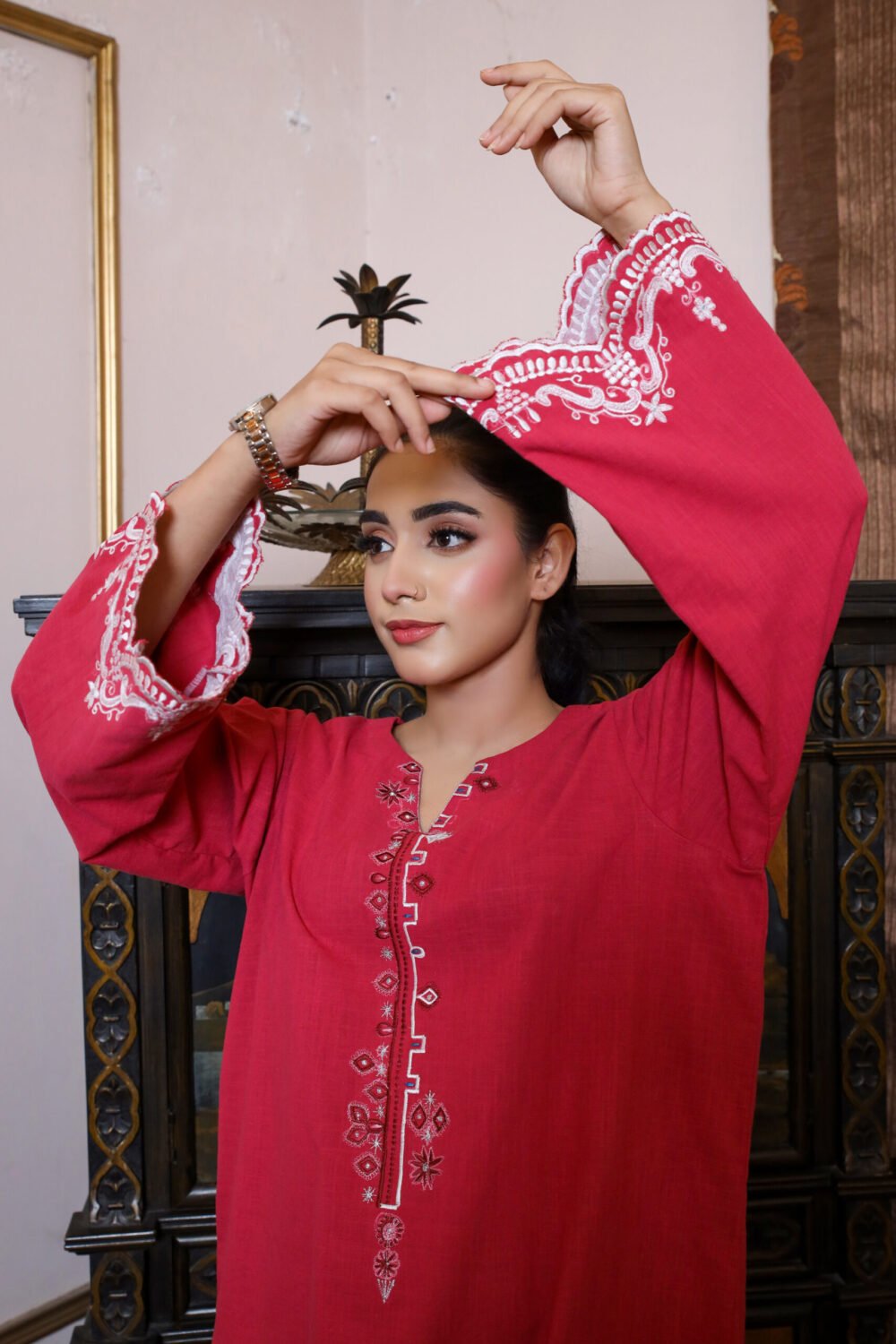 2 piece Pink Elegance: Embroidered Sleeves and Neckline with Trendy Shalwar - Image 2