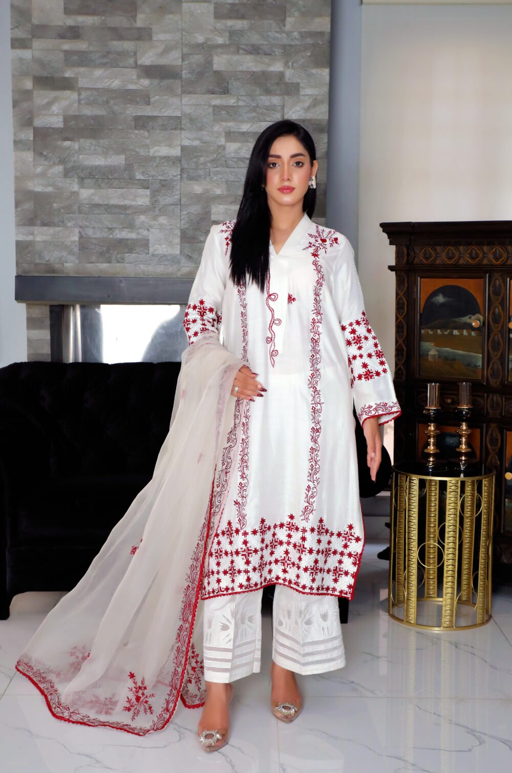 "2 Piece Elegant White Cotton Net Kurta with Embroidered Dupatta" - Image 4