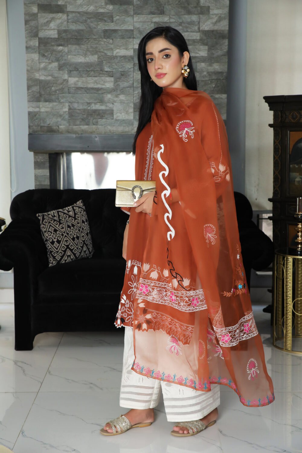 2 Piece Burnt Orange Cotton Net Ensemble with Embroidered Organza Dupatta - Image 3