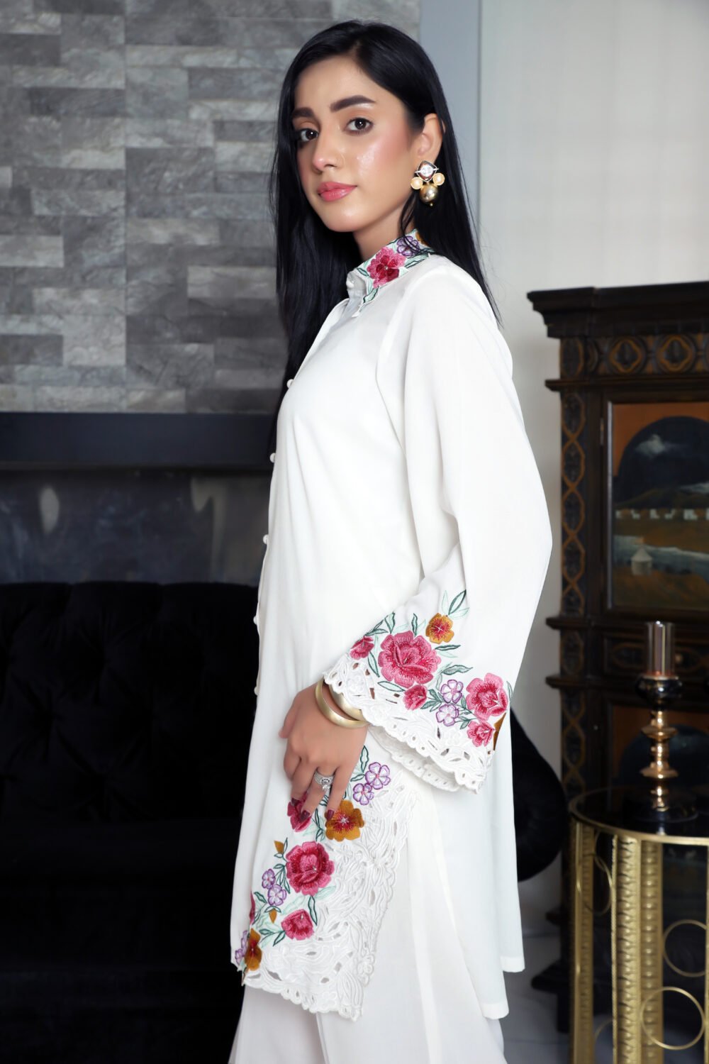 "2 Piece White Luxury Coord Set with Exquisite Cutwork and Multi-Coloured Embroidery" - Image 3