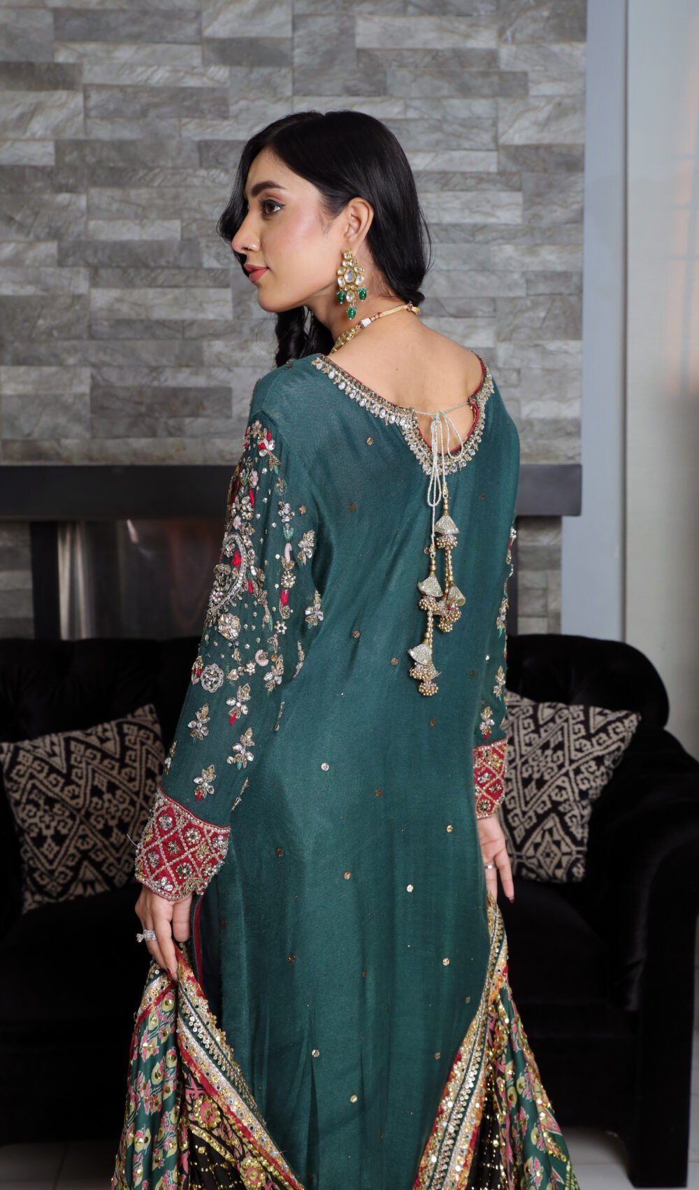 "2 piece Elegant Emerald Green Mehndi Attire with Makish Panni Chadar Can Be Added Seprately and Gotta Work" - Image 2