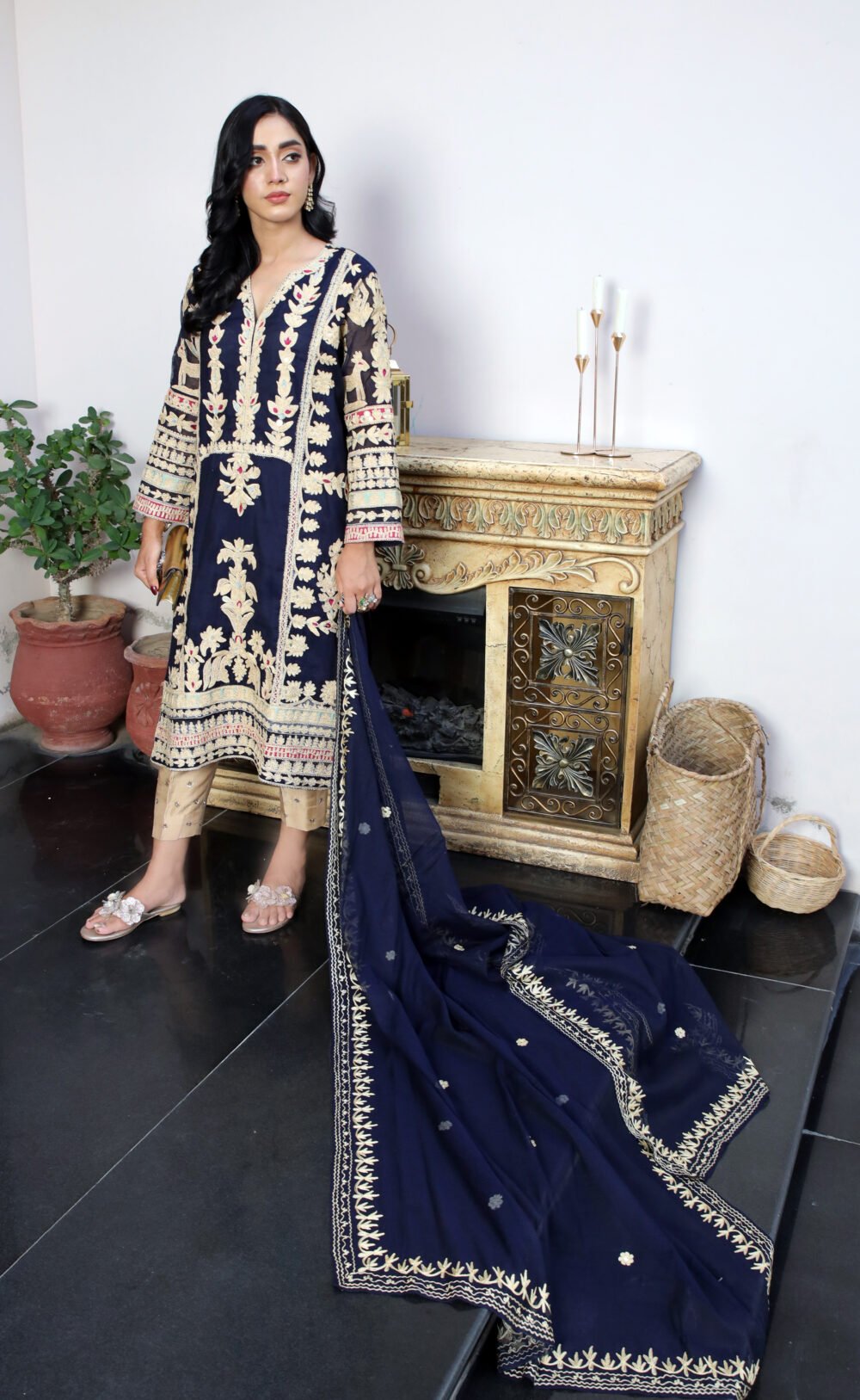 "2 Piece Navy Blue Cotton Net Shirt with Marrori Work and Embroidered Dupatta" - Image 4