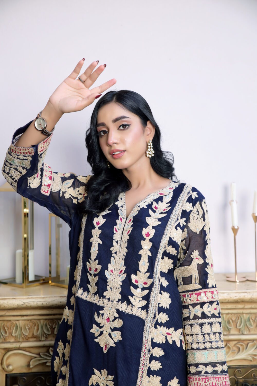 "2 Piece Navy Blue Cotton Net Shirt with Marrori Work and Embroidered Dupatta" - Image 3