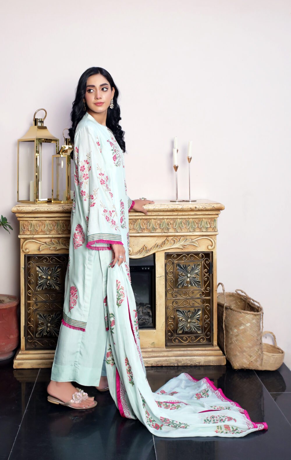 "Sea Green Block Print Attire with Hand Embellishments and Silk Dupatta" - Image 4