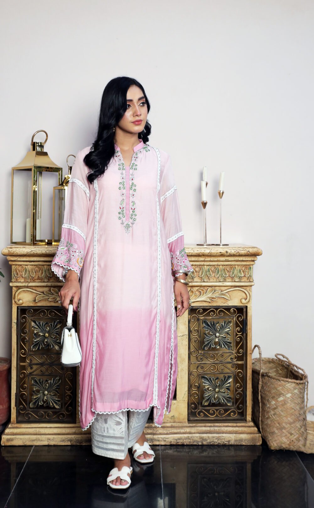 "1 Piece Elegant Pink Ombré Tie-Dye Attire with Handmade Adda and Silver Embellishments" - Image 3