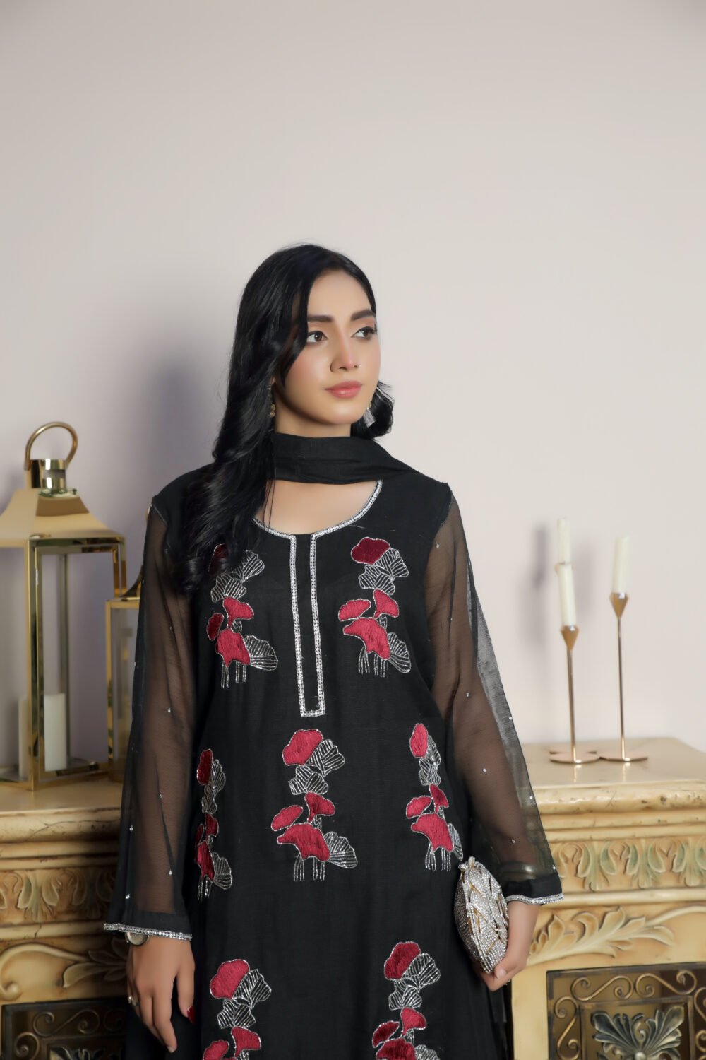 "2 Piece Elegant Black Cotton Net Attire with Intricate Adda Work and Lace-Finished Dupatta" - Image 2