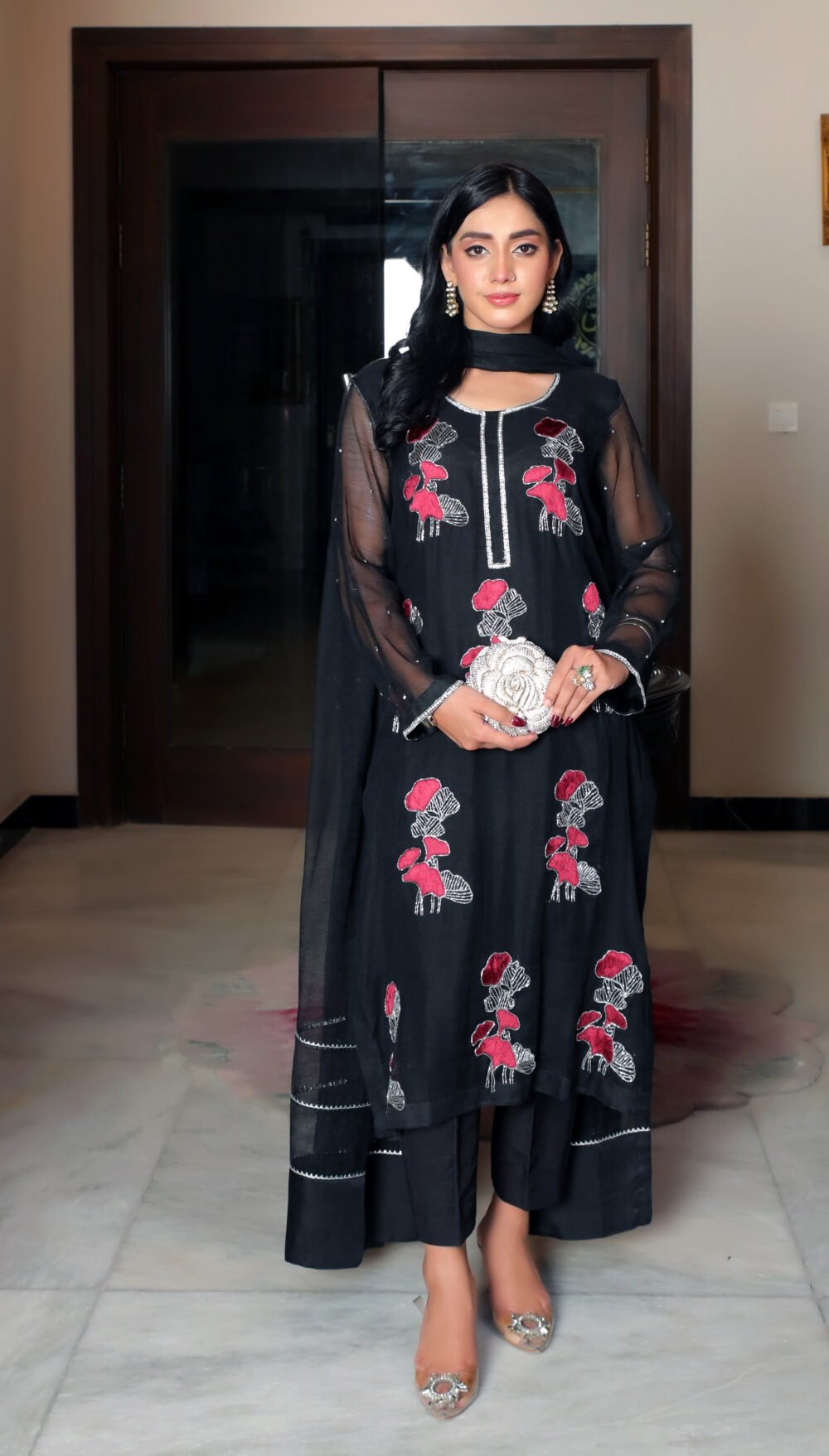 "2 Piece Elegant Black Cotton Net Attire with Intricate Adda Work and Lace-Finished Dupatta" - Image 4