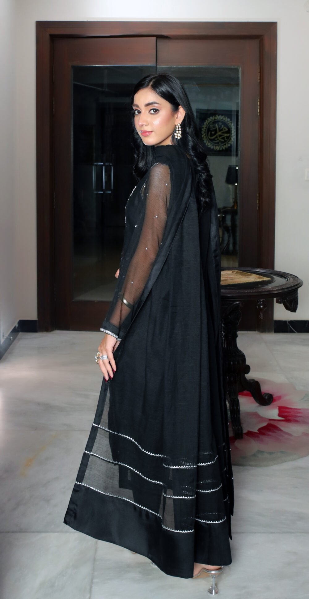 "2 Piece Elegant Black Cotton Net Attire with Intricate Adda Work and Lace-Finished Dupatta" - Image 3