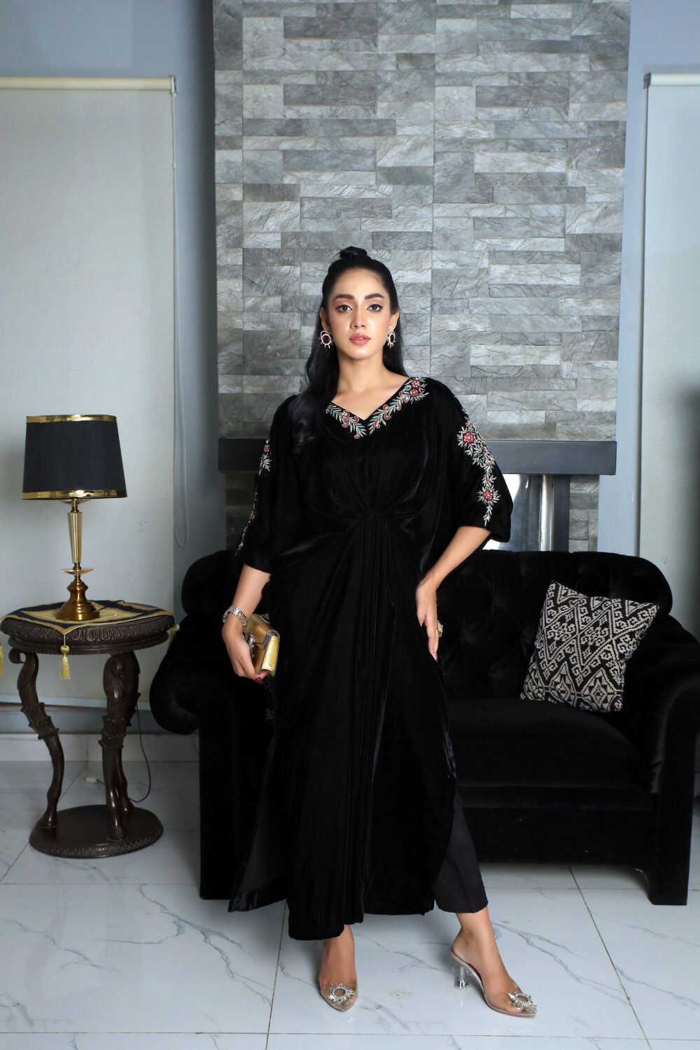 1 Piece Handcrafted Velvet Kaftan with Intricate Adda Work - Image 3