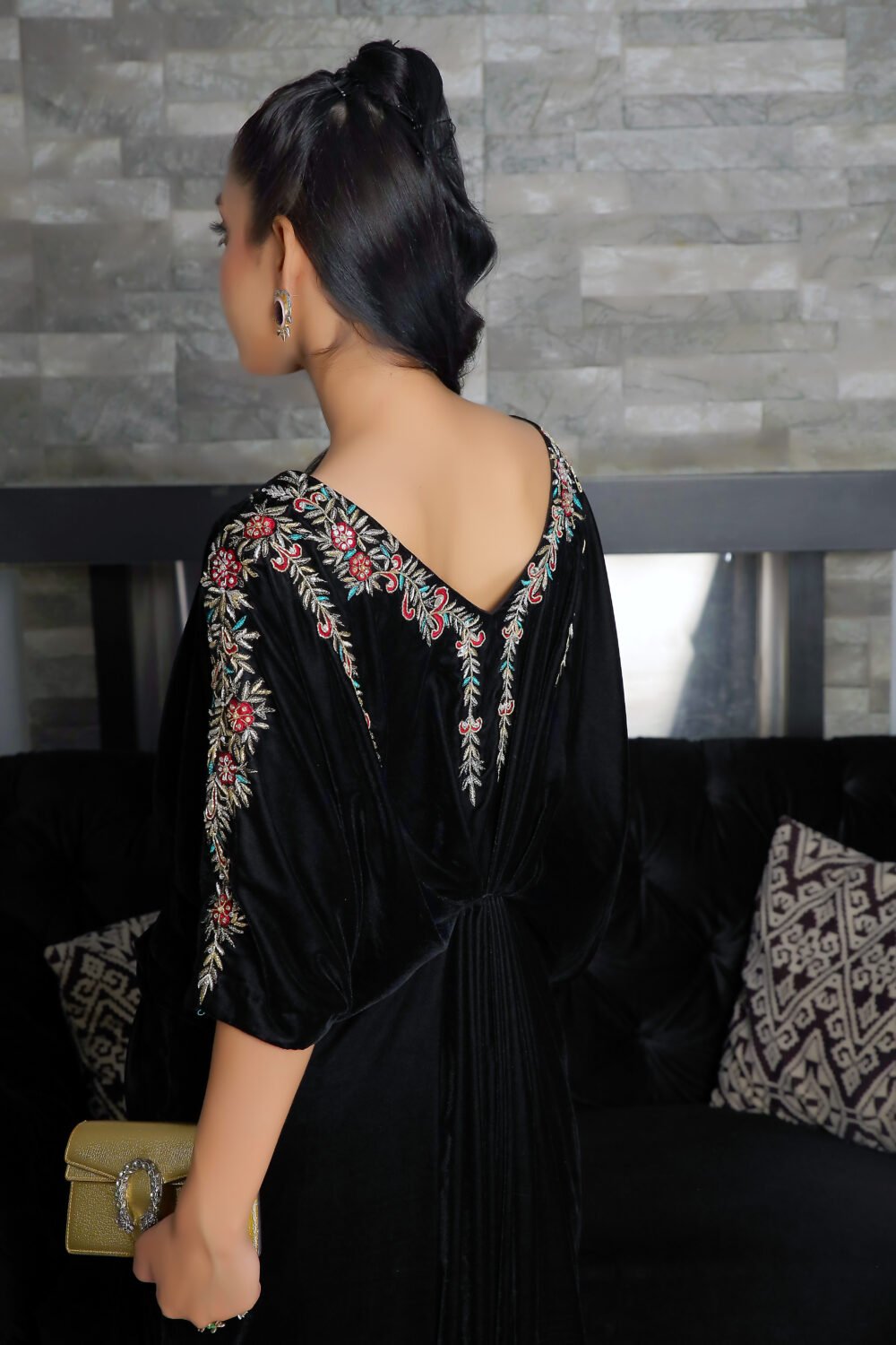 1 Piece Handcrafted Velvet Kaftan with Intricate Adda Work - Image 2