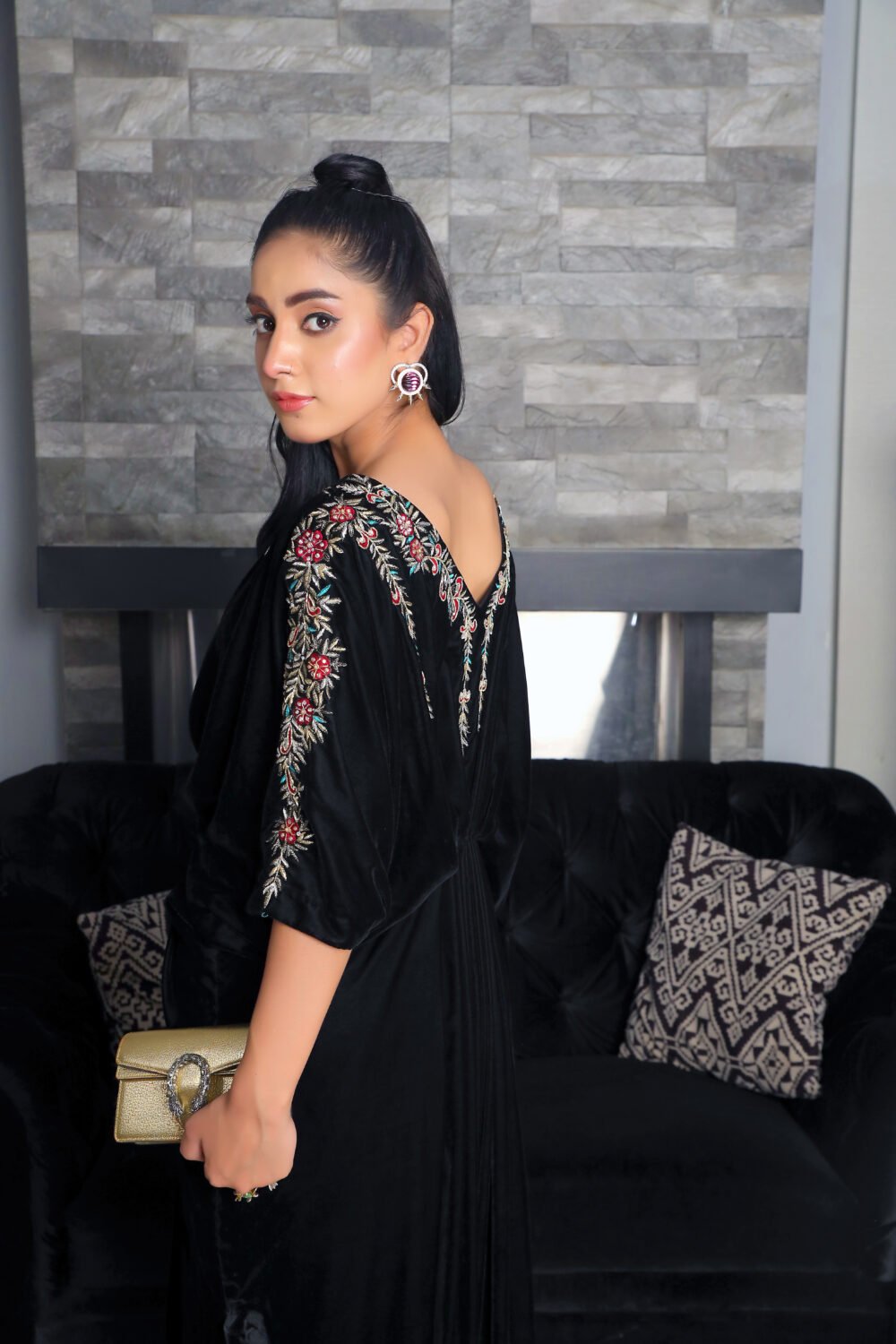 1 Piece Handcrafted Velvet Kaftan with Intricate Adda Work - Image 4