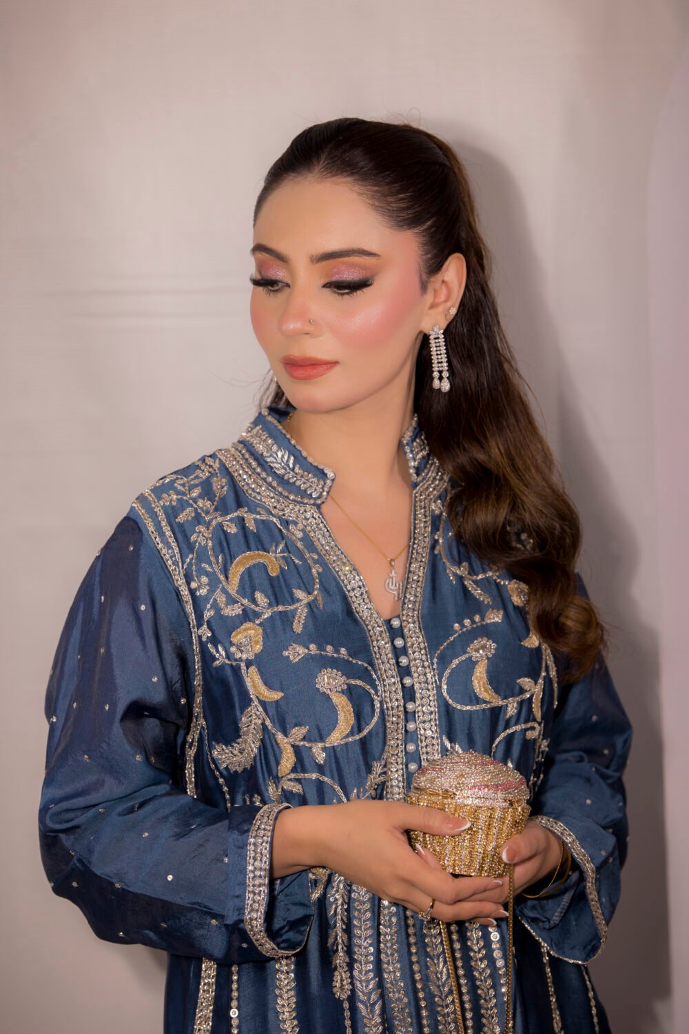 Exquisite Sheesha Silk Formal Attire with Handcrafted Embellishments