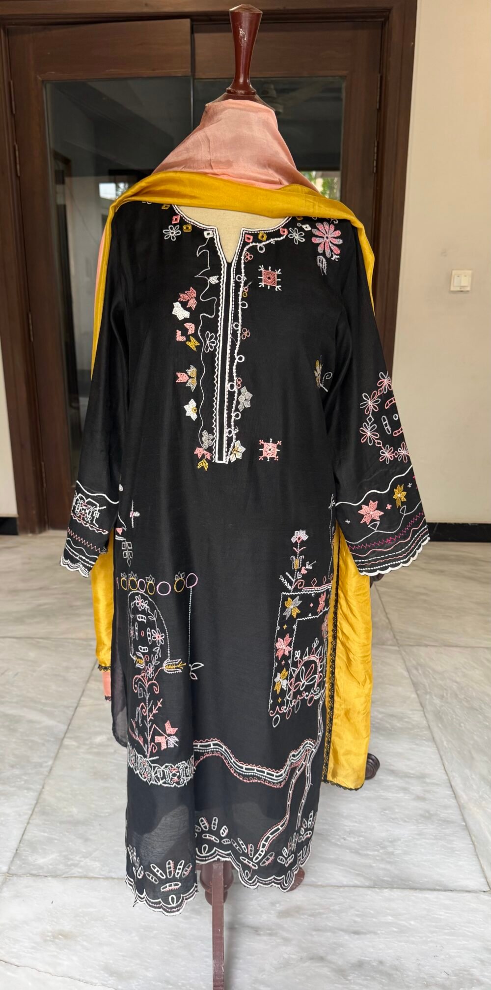 Black Vintage Pure Cotton Net Embroidered Kurta