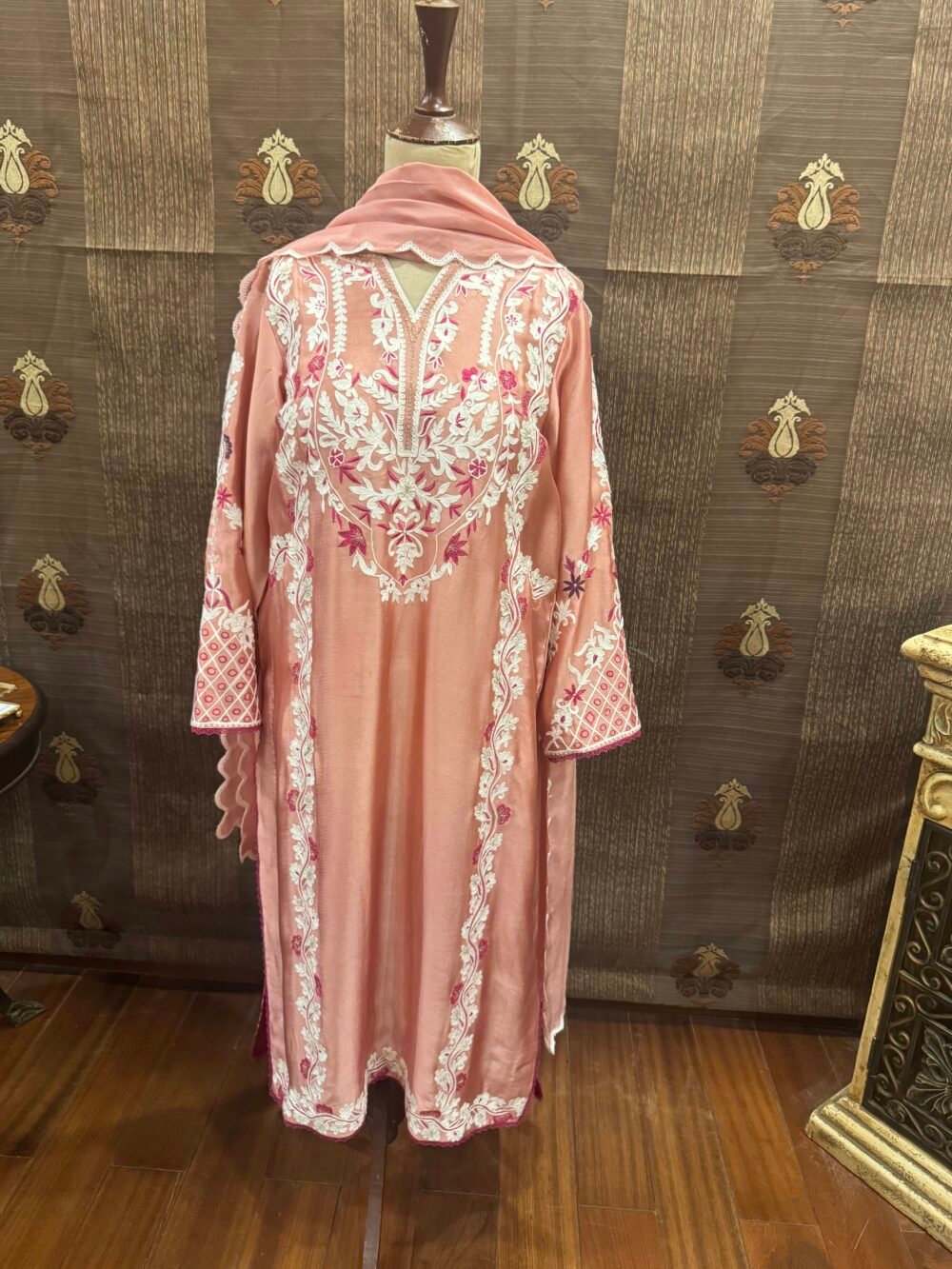 Lunaaa Pink Semi-Formal Sheesha Silk Embroidered Ensemble with Scalloped Dupatta
