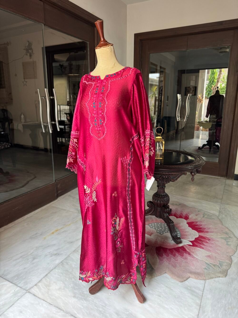 Red Rose Embroidered Mirror Work Kaftan on Pure Sheesha Silk