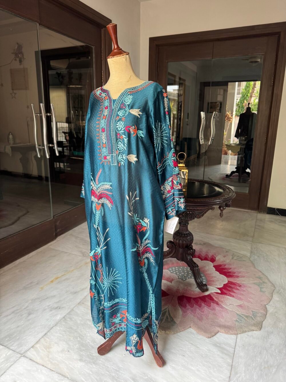 Teal Rose Embroidered Kaftan on Pure Sheesha Silk