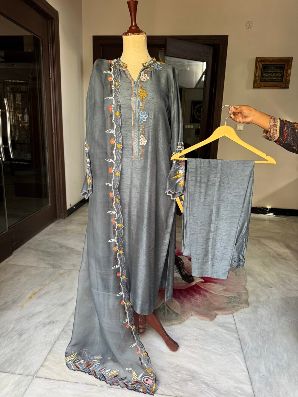 Semi-Formal Sapphire Raw Silk 3-Piece with Embroidered Organza Dupatta