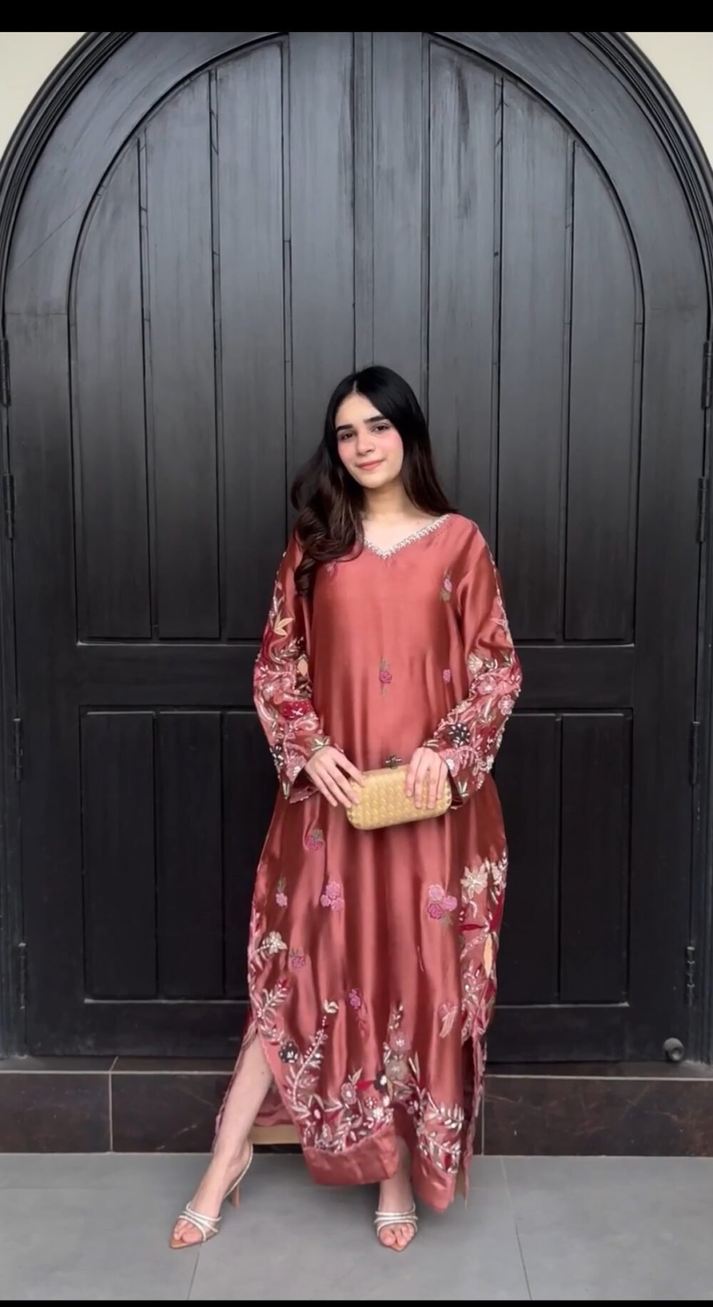Rose Tulip Pure Sheesha Silk Kaftan with Handwork
