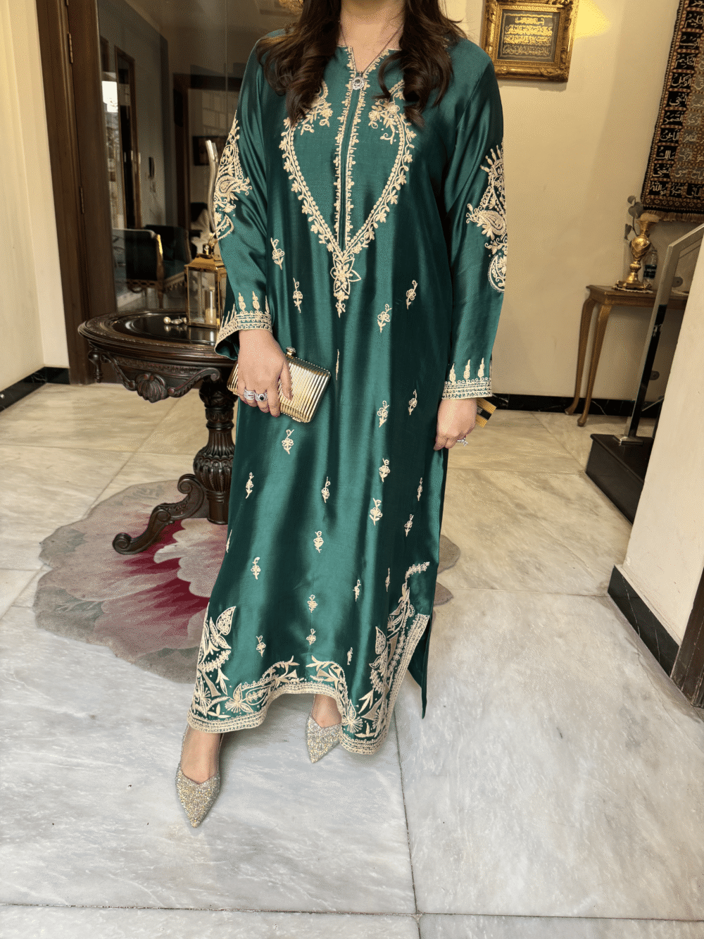 Emerald Green Kaftan with Anchor Embroidery