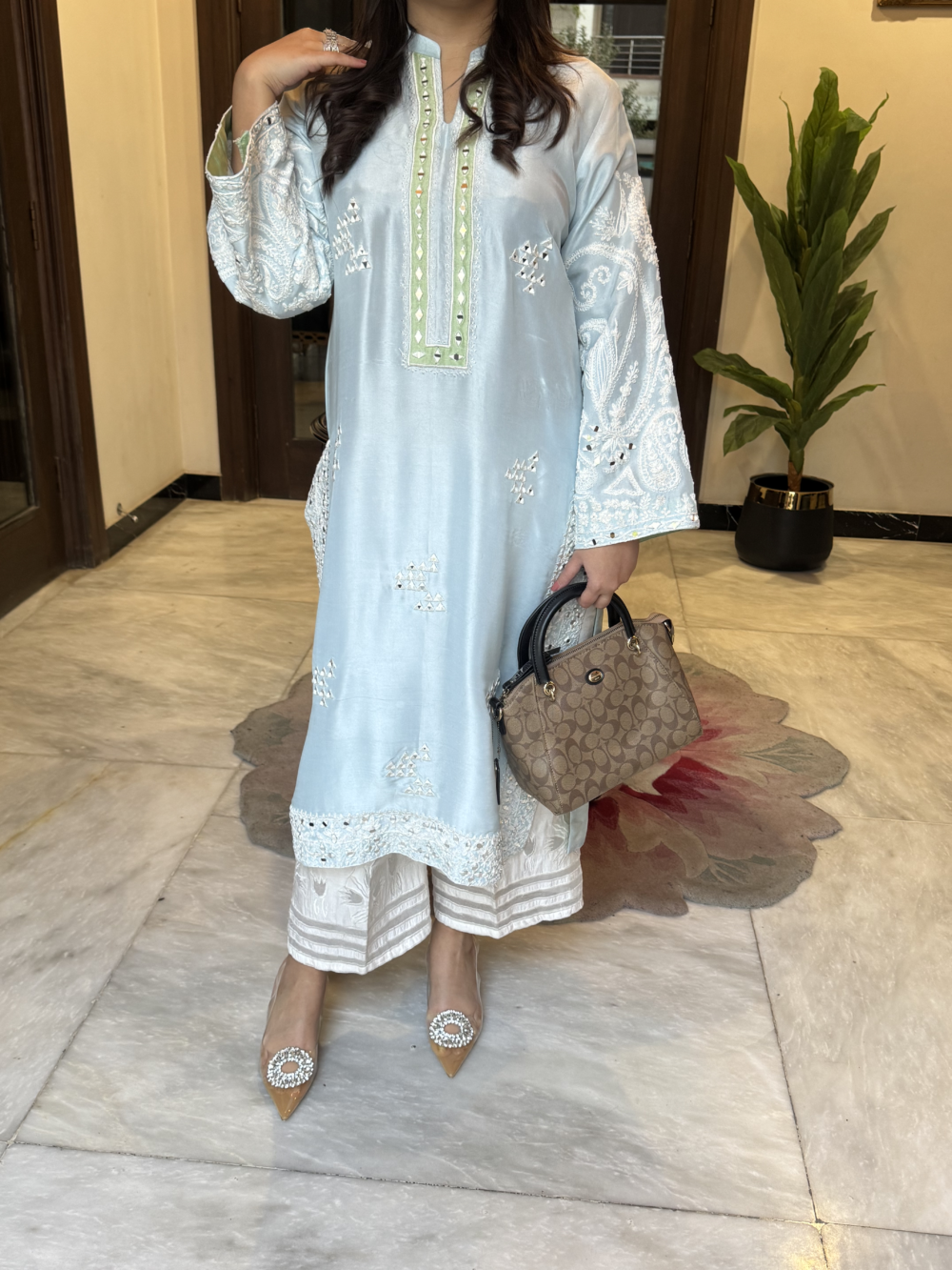 Powder Blue Mirror Work Ensemble