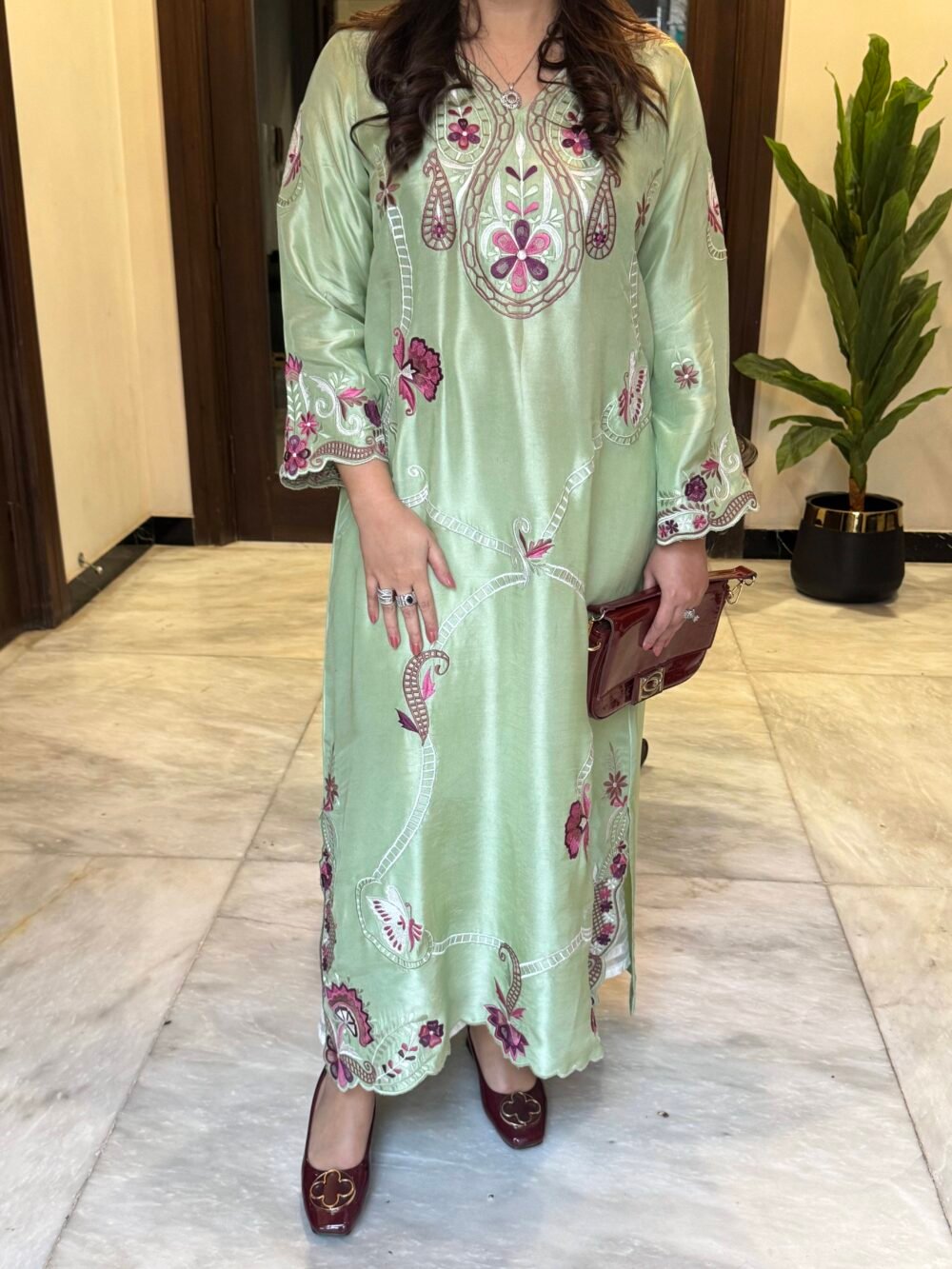 Mint Green Kaftan with Plum Embroidery