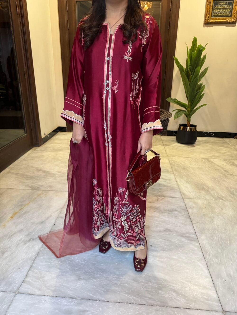 Maroon Open Shirt with Embroidered Sleeves