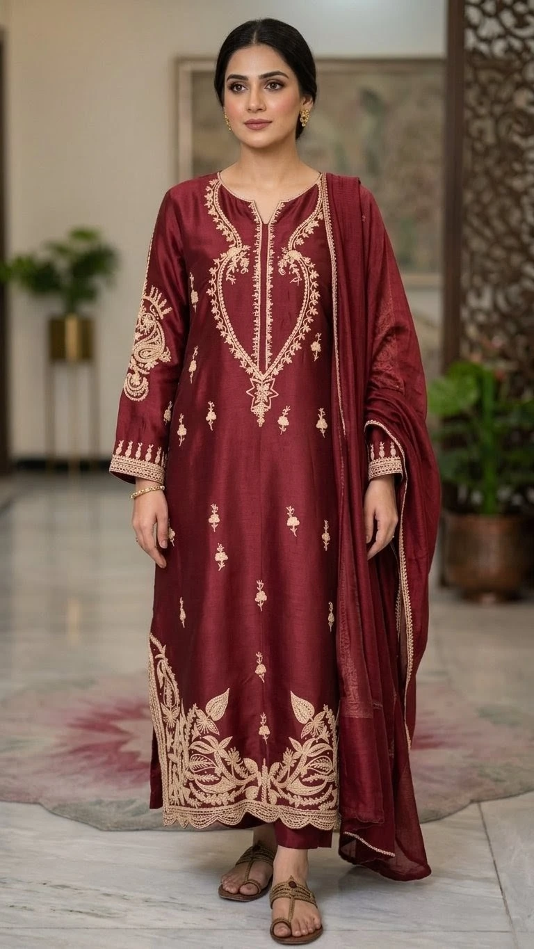 Deep Red – Luxury Embroidered Butter Silk Ensemble