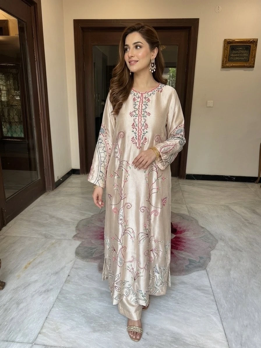 Ivory Kaftan – Sophisticated Resham Embellished Elegance