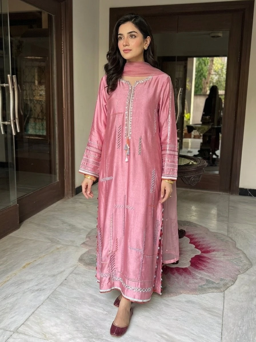 Blush Pink – Hand Embroidered Luxury Three Piece Ensemble