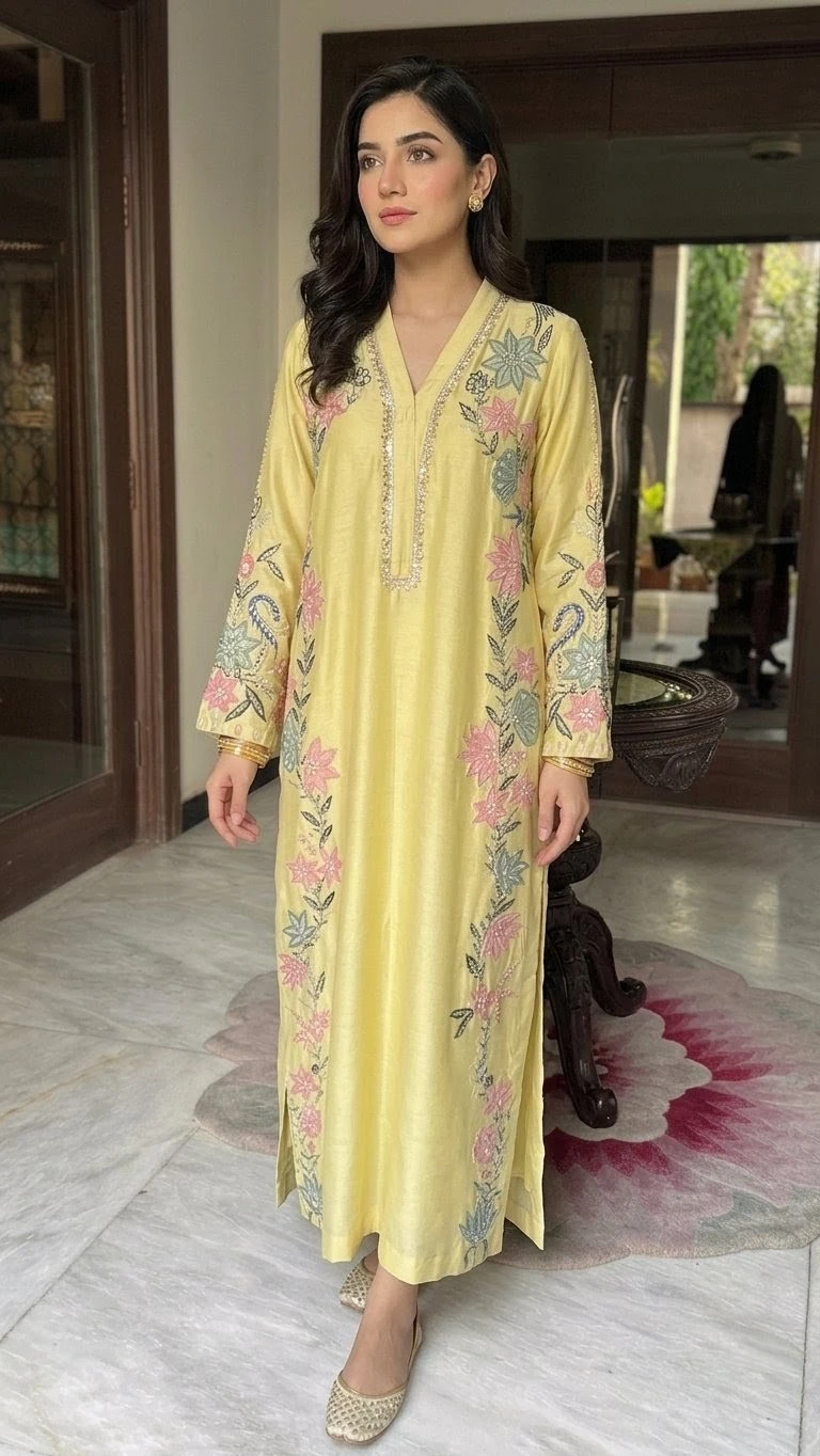 Butter Yellow Kaftan – Elegant Hand Embellished Luxury Wear
